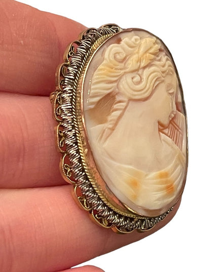 Stunning Large vintage hand carved shell Cameo brooch pendant Gold filled GF