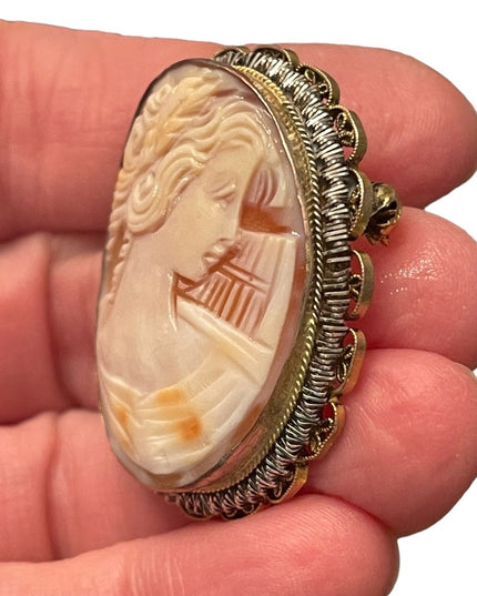 Stunning Large vintage hand carved shell Cameo brooch pendant Gold filled GF