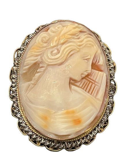 Stunning Large vintage hand carved shell Cameo brooch pendant Gold filled GF