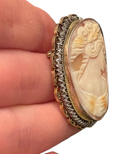 Stunning Large vintage hand carved shell Cameo brooch pendant Gold filled GF