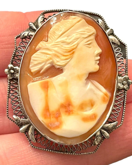 Antique Art Deco filagree sterling silver 925 hand carved shell cameo brooch