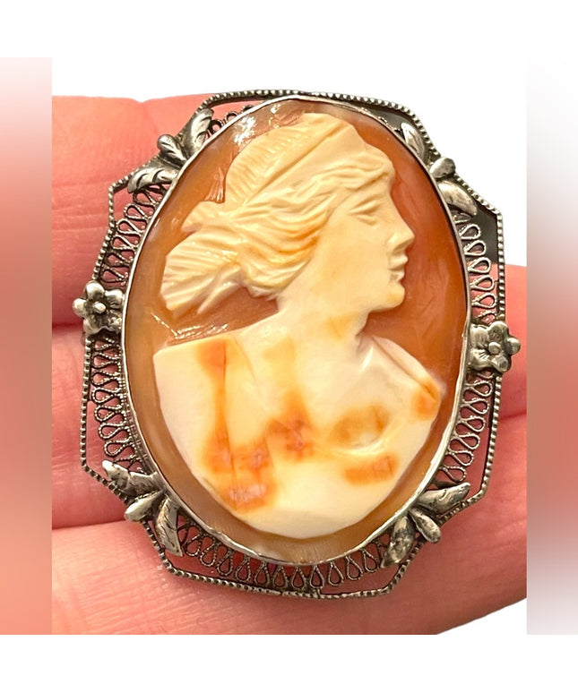 Antique Art Deco filagree sterling silver 925 hand carved shell cameo brooch