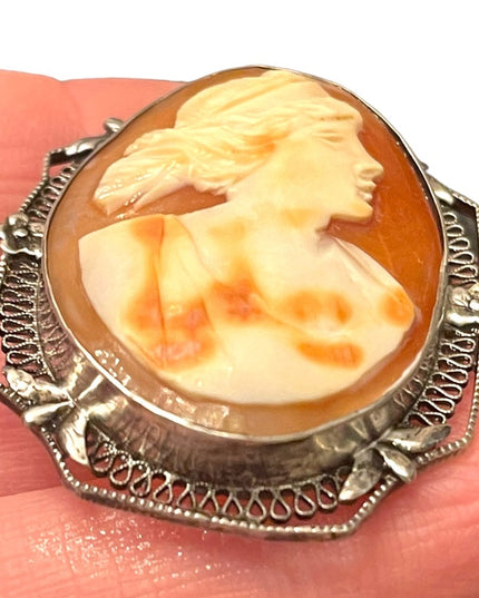 Antique Art Deco filagree sterling silver 925 hand carved shell cameo brooch