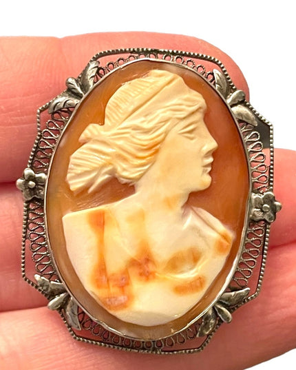 Antique Art Deco filagree sterling silver 925 hand carved shell cameo brooch