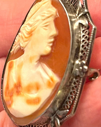 Antique Art Deco filagree sterling silver 925 hand carved shell cameo brooch