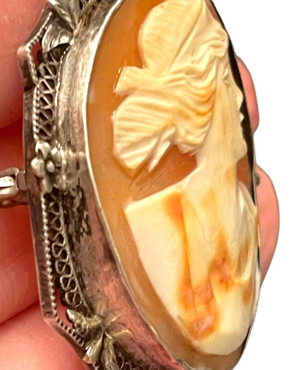 Antique Art Deco filagree sterling silver 925 hand carved shell cameo brooch
