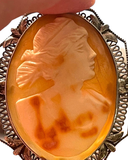 Antique Art Deco filagree sterling silver 925 hand carved shell cameo brooch