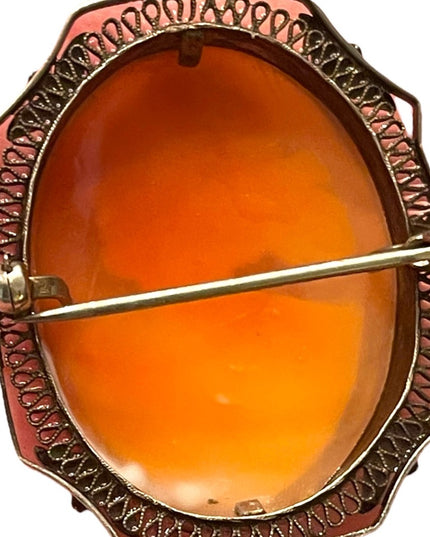 Antique Art Deco filagree sterling silver 925 hand carved shell cameo brooch
