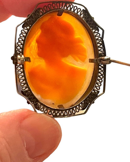 Antique Art Deco filagree sterling silver 925 hand carved shell cameo brooch