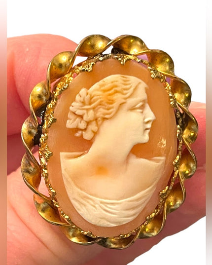 Antique gold filled Hand carved shell cameo brooch twisted ornate brooch pendant