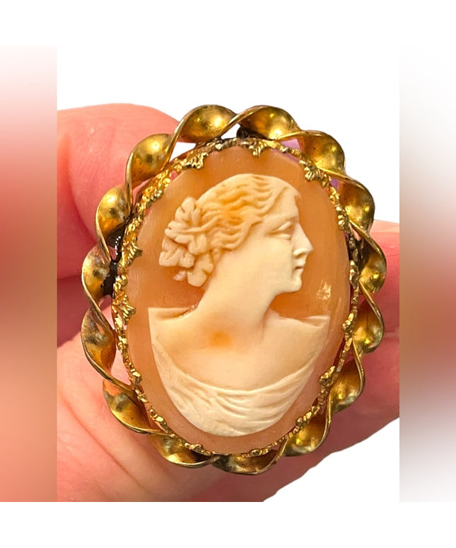 Antique gold filled Hand carved shell cameo brooch twisted ornate brooch pendant