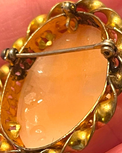 Antique gold filled Hand carved shell cameo brooch twisted ornate brooch pendant