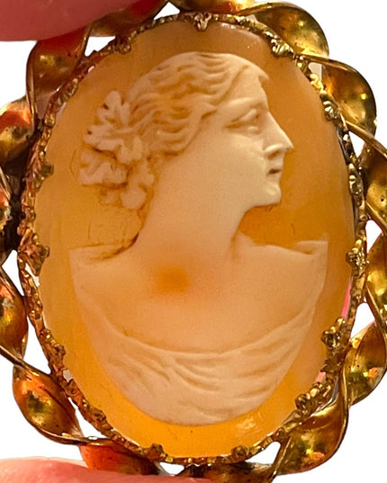 Antique gold filled Hand carved shell cameo brooch twisted ornate brooch pendant