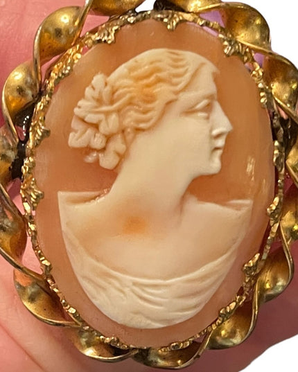 Antique gold filled Hand carved shell cameo brooch twisted ornate brooch pendant