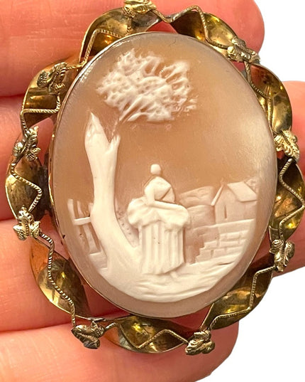 Antique gold filled LG hand carved Shell cameo brooch Rebecca at the well