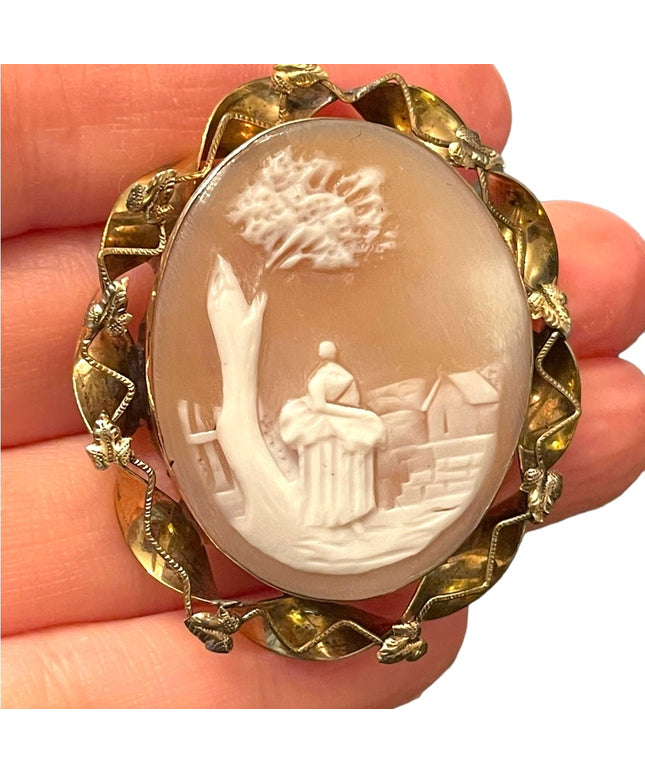 Antique gold filled LG hand carved Shell cameo brooch Rebecca at the well