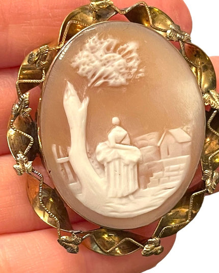 Antique gold filled LG hand carved Shell cameo brooch Rebecca at the well