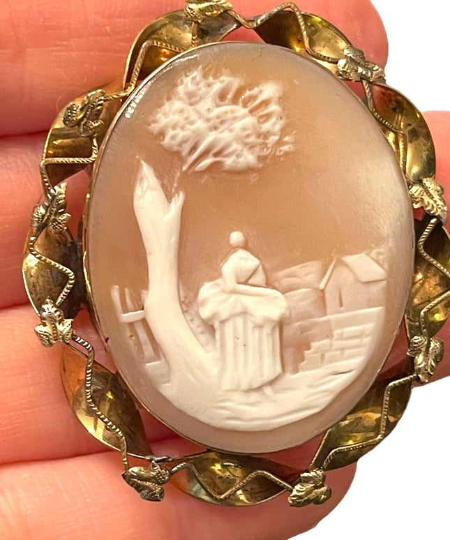 Antique gold filled LG hand carved Shell cameo brooch Rebecca at the well
