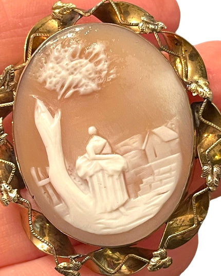 Antique gold filled LG hand carved Shell cameo brooch Rebecca at the well