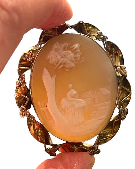 Antique gold filled LG hand carved Shell cameo brooch Rebecca at the well