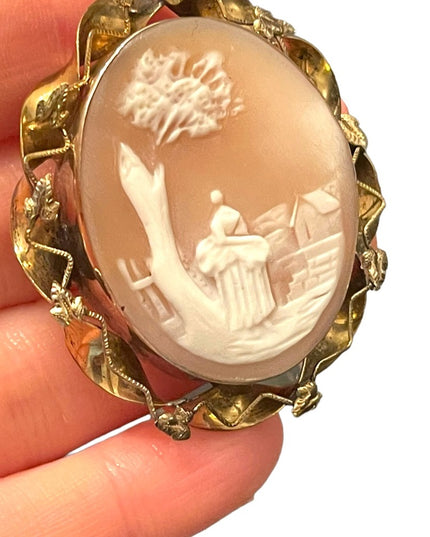 Antique gold filled LG hand carved Shell cameo brooch Rebecca at the well
