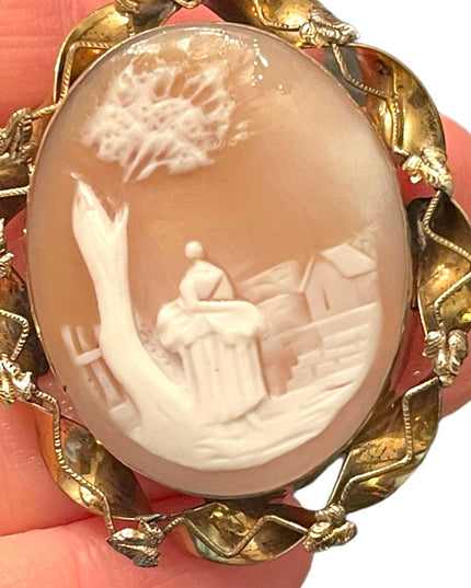 Antique gold filled LG hand carved Shell cameo brooch Rebecca at the well