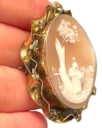 Antique gold filled LG hand carved Shell cameo brooch Rebecca at the well