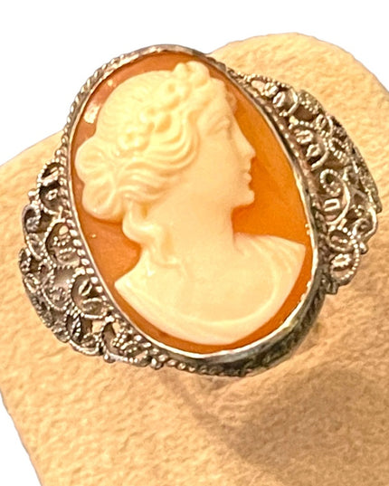 Vintage Sterling silver 925 Italy Hand made filagree CAMEO shell ring