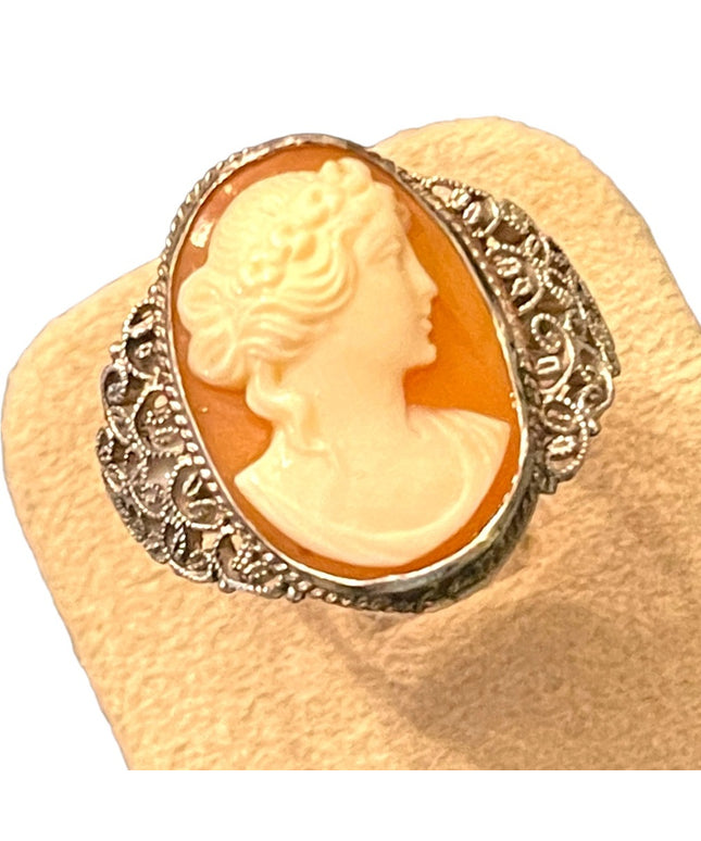 Vintage Sterling silver 925 Italy Hand made filagree CAMEO shell ring