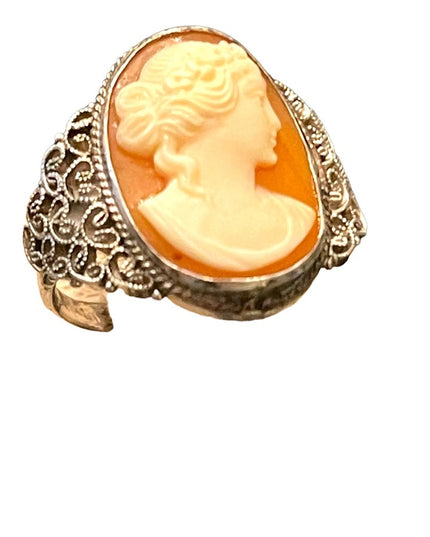 Vintage Sterling silver 925 Italy Hand made filagree CAMEO shell ring