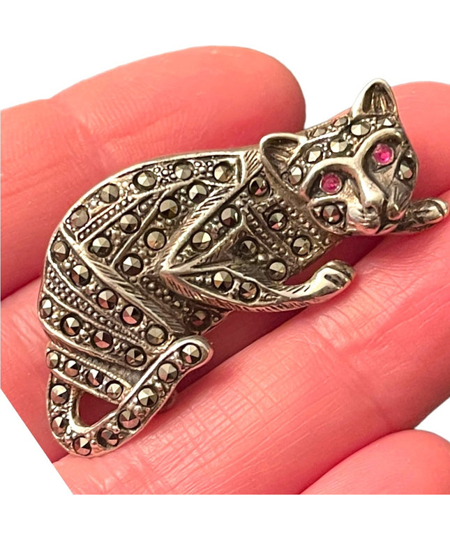 Vintage sterling silver 925 BOMA Cat kitty Marcasite antiqued brooch