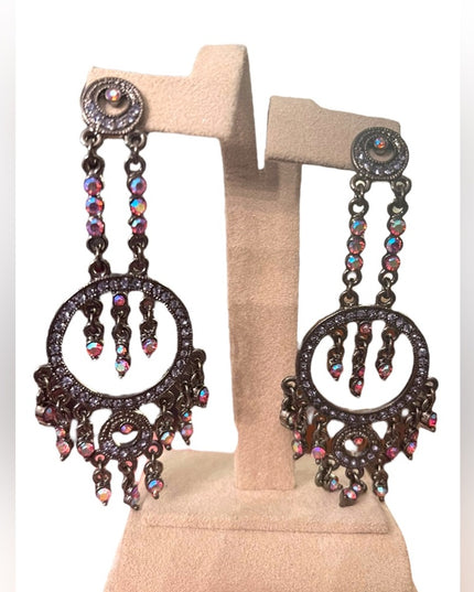 Fancy Joan Rivers antiqued pink glass crystal long dangle earrings