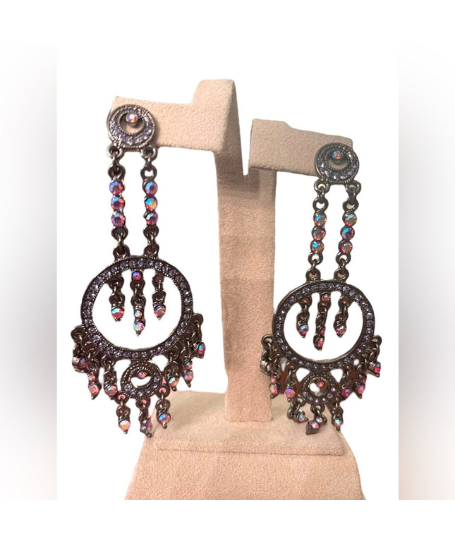 Fancy Joan Rivers antiqued pink glass crystal long dangle earrings