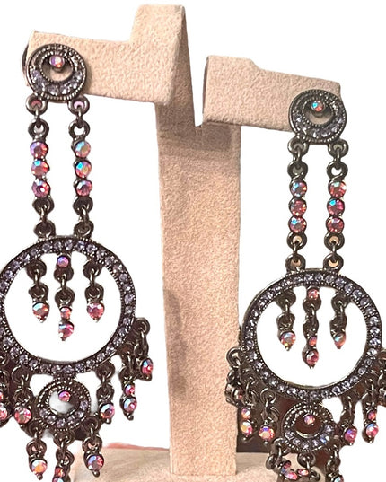 Fancy Joan Rivers antiqued pink glass crystal long dangle earrings