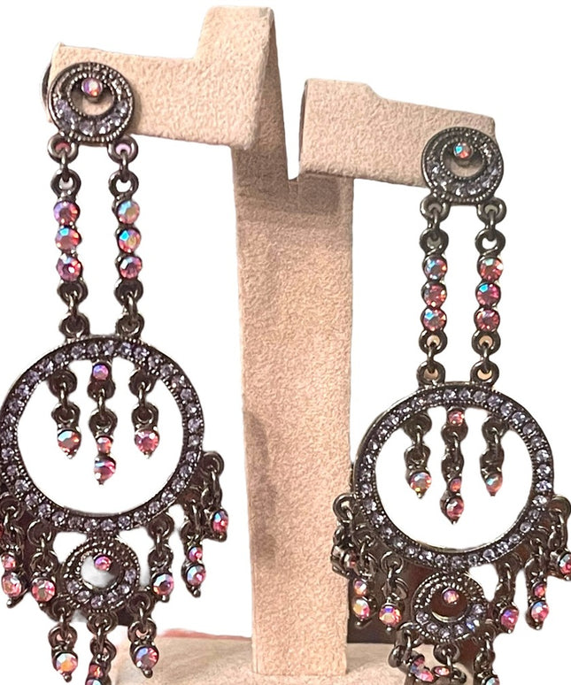 Fancy Joan Rivers antiqued pink glass crystal long dangle earrings