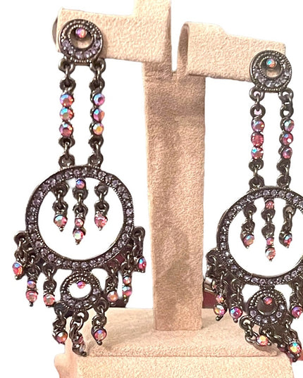 Fancy Joan Rivers antiqued pink glass crystal long dangle earrings