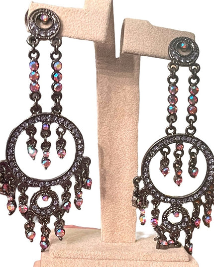 Fancy Joan Rivers antiqued pink glass crystal long dangle earrings