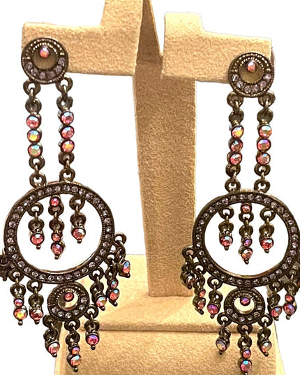 Fancy Joan Rivers antiqued pink glass crystal long dangle earrings