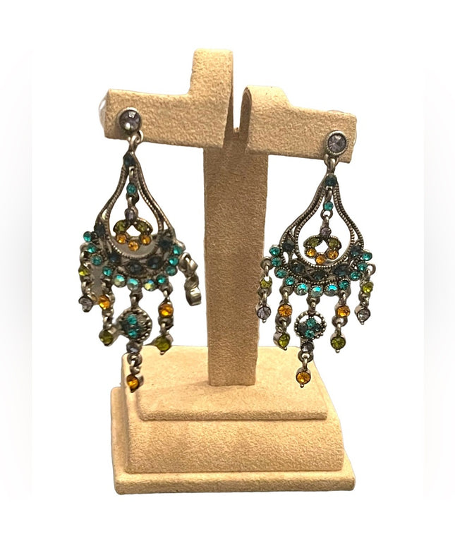 blue glass crystal fancy antiqued silver finish Kirks Folley dangle earrings