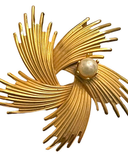 Vintage art deco Fan flair gold finish faux pearl earrings & brooch set