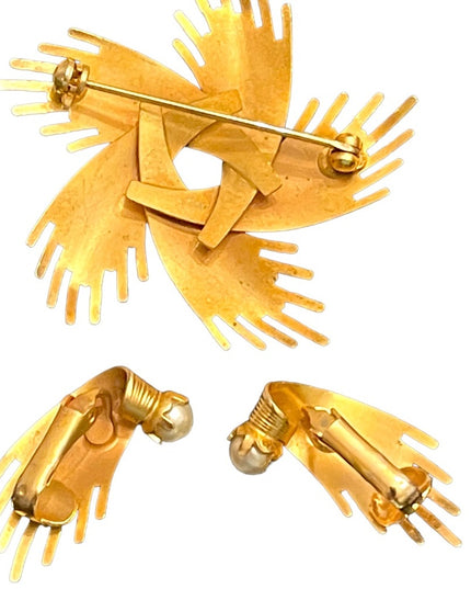 Vintage art deco Fan flair gold finish faux pearl earrings & brooch set