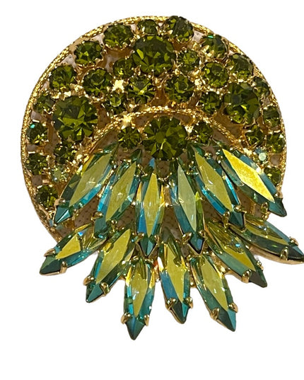 Vintage dancy 1960s peridot green Crystal AB Japanned brooch gold finish