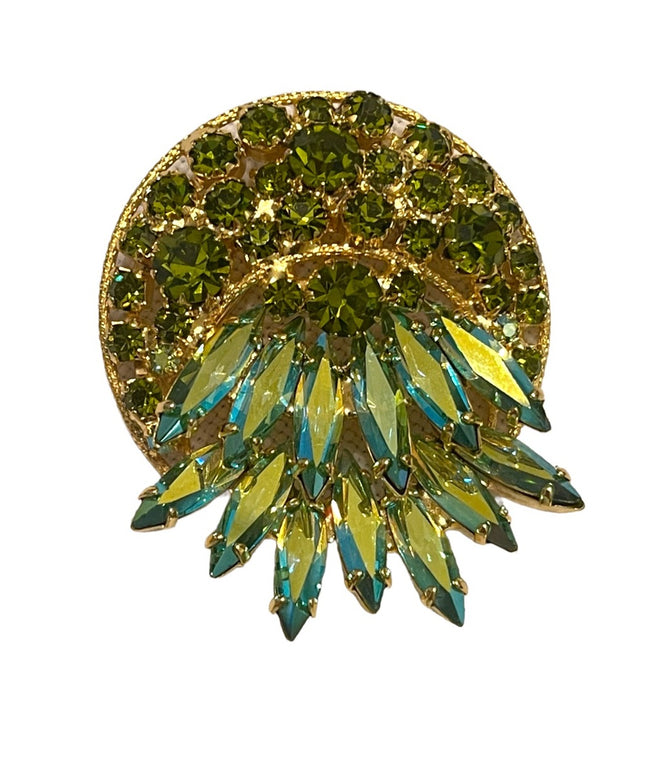 Vintage dancy 1960s peridot green Crystal AB Japanned brooch gold finish