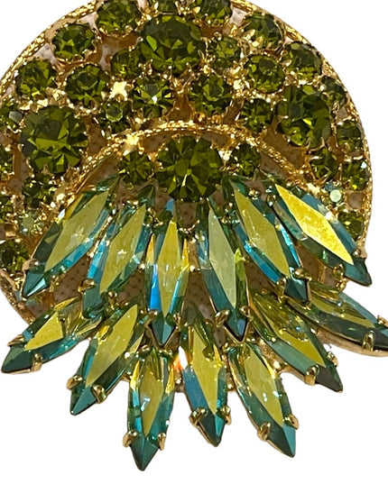 Vintage dancy 1960s peridot green Crystal AB Japanned brooch gold finish