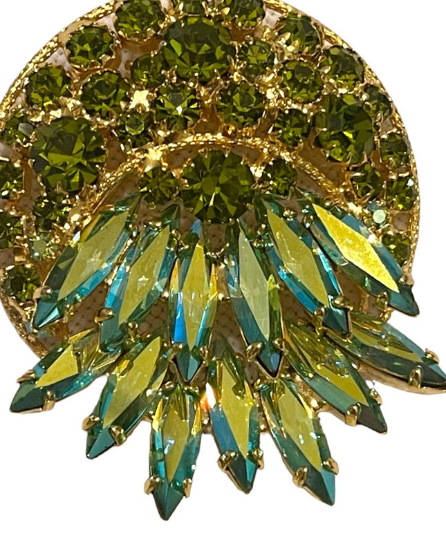 Vintage dancy 1960s peridot green Crystal AB Japanned brooch gold finish