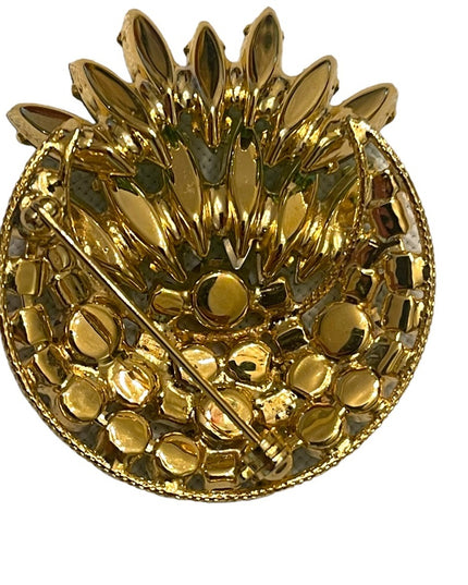 Vintage dancy 1960s peridot green Crystal AB Japanned brooch gold finish