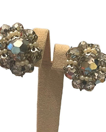 Vintage Silver crystal AB fancy chunky clip on earrings silver finish