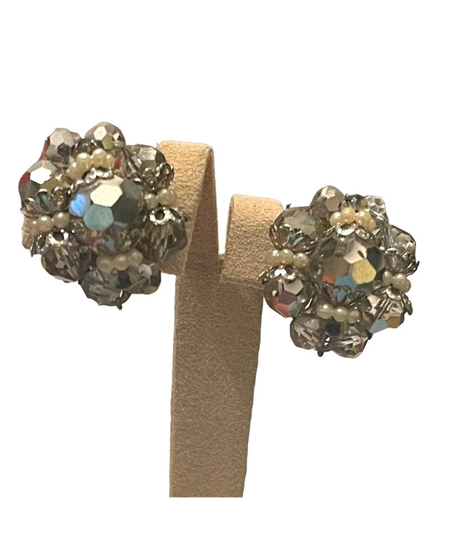 Vintage Silver crystal AB fancy chunky clip on earrings silver finish