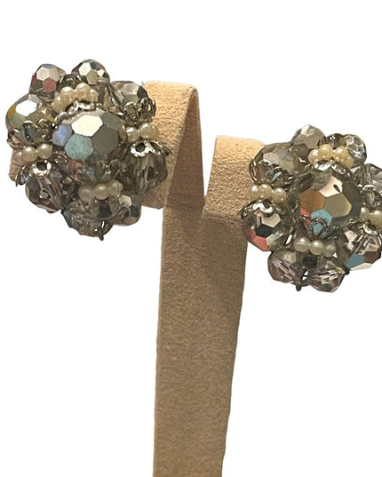 Vintage Silver crystal AB fancy chunky clip on earrings silver finish
