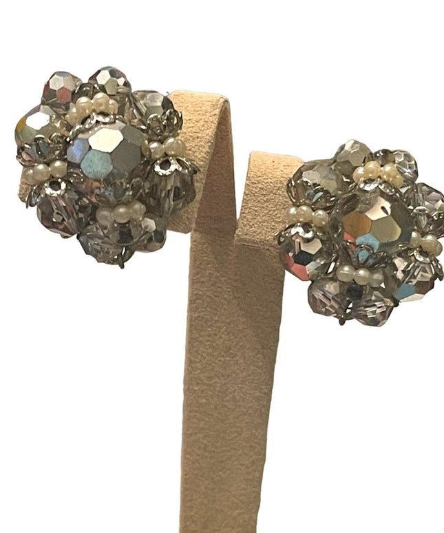 Vintage Silver crystal AB fancy chunky clip on earrings silver finish